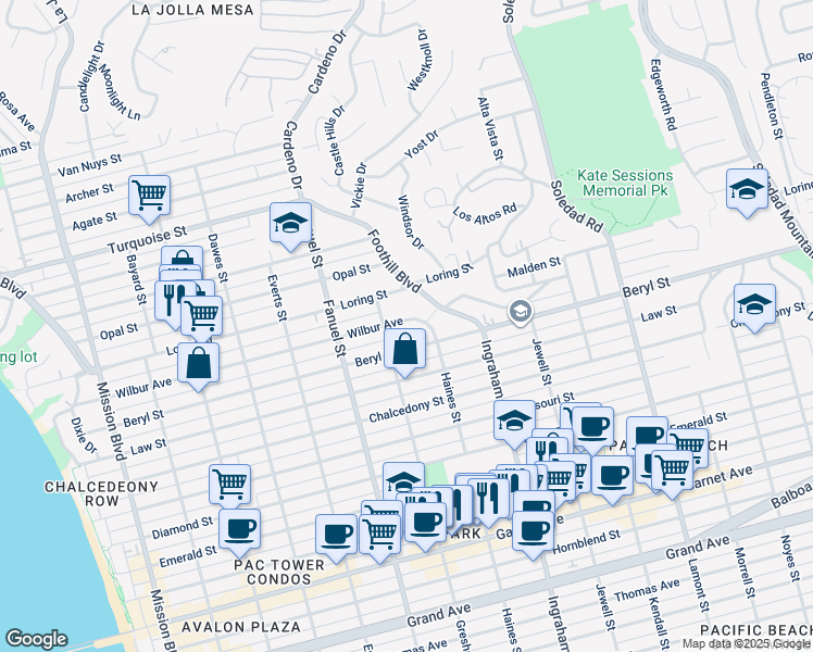 map of restaurants, bars, coffee shops, grocery stores, and more near 1427 Wilbur Avenue in San Diego