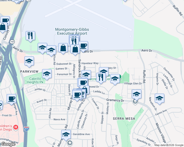 map of restaurants, bars, coffee shops, grocery stores, and more near 8851 Sovereign Rd in San Diego