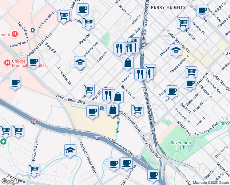 map of restaurants, bars, coffee shops, grocery stores, and more near 2322 Vagas Street in Dallas