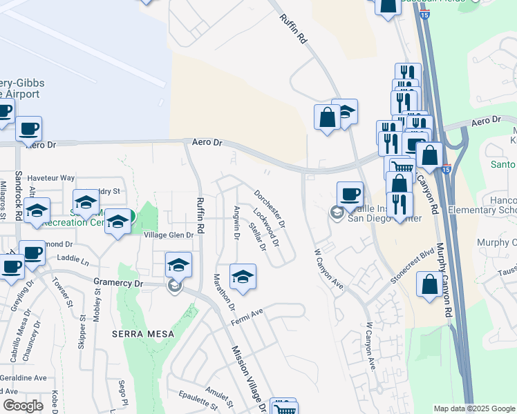 map of restaurants, bars, coffee shops, grocery stores, and more near 3451 Lockwood Drive in San Diego