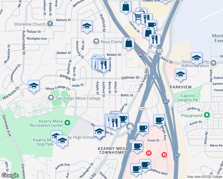 map of restaurants, bars, coffee shops, grocery stores, and more near 3427 Bevis Street in San Diego