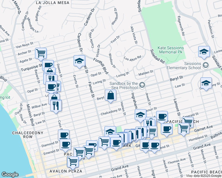 map of restaurants, bars, coffee shops, grocery stores, and more near 1427 Wilbur Avenue in San Diego