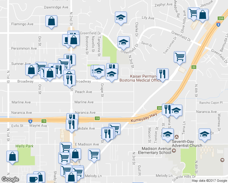 map of restaurants, bars, coffee shops, grocery stores, and more near 1434 Peach Avenue in El Cajon