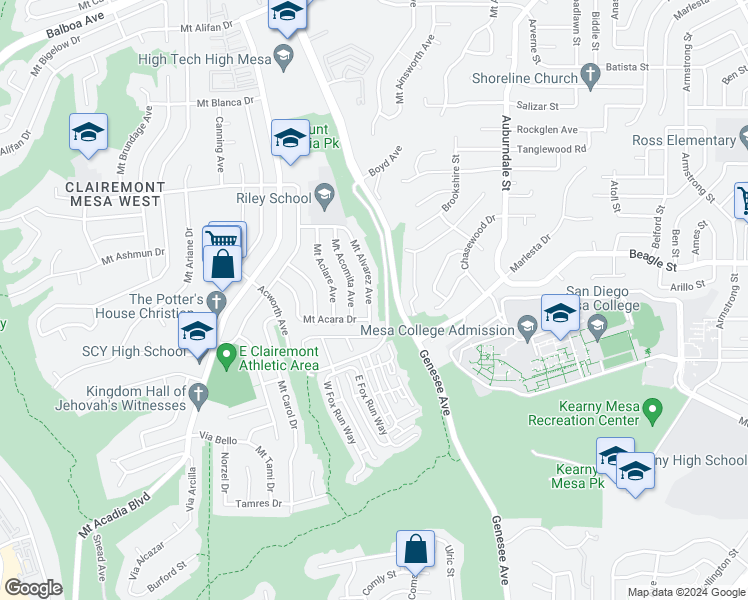 map of restaurants, bars, coffee shops, grocery stores, and more near 3531 Mount Alvarez Avenue in San Diego