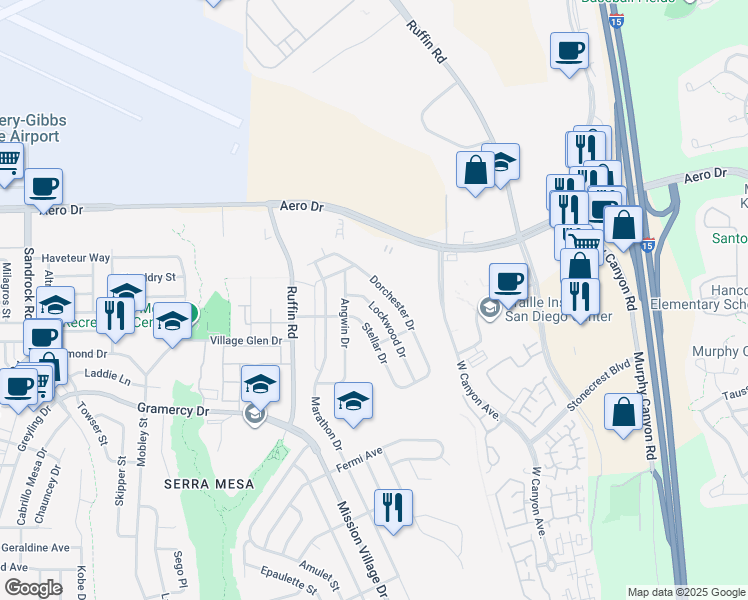 map of restaurants, bars, coffee shops, grocery stores, and more near 3451 Lockwood Drive in San Diego