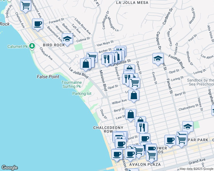 map of restaurants, bars, coffee shops, grocery stores, and more near 5061 Mission Boulevard in San Diego