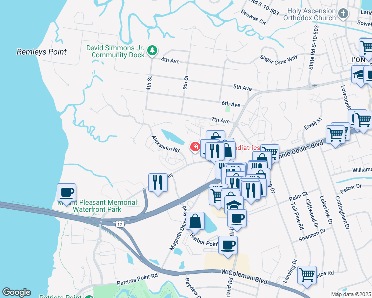 map of restaurants, bars, coffee shops, grocery stores, and more near 262 Alexandra Drive in Mount Pleasant