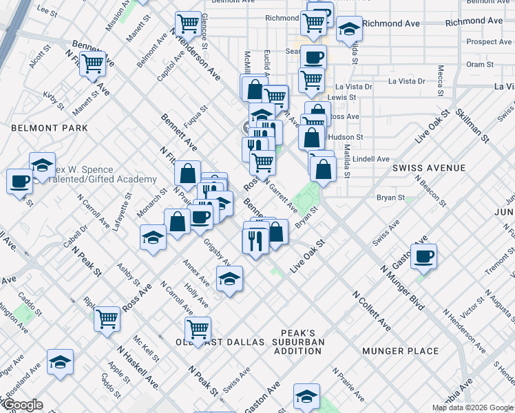 map of restaurants, bars, coffee shops, grocery stores, and more near 5005 San Jacinto Street in Dallas