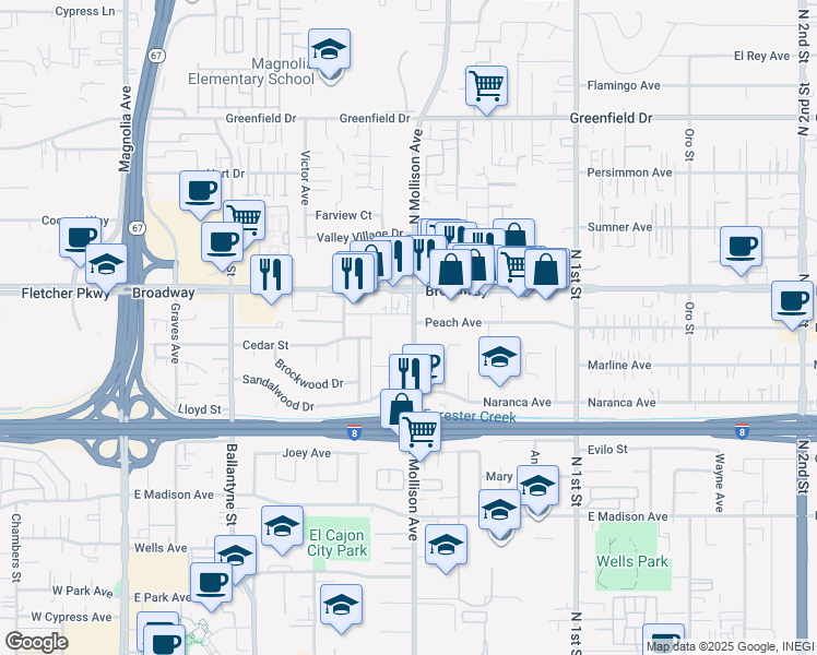 map of restaurants, bars, coffee shops, grocery stores, and more near 815 Mollison in El Cajon