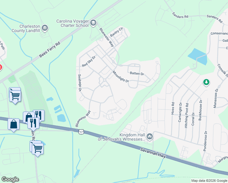 map of restaurants, bars, coffee shops, grocery stores, and more near 1445 Seabago Drive in Charleston