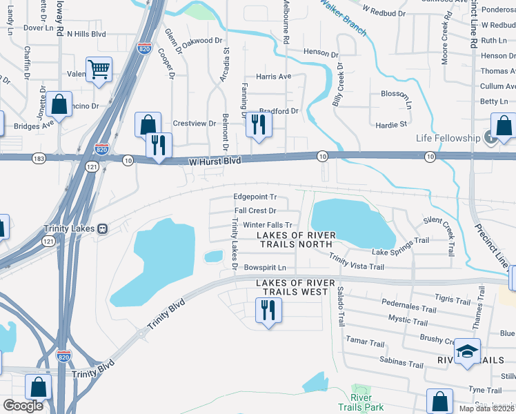 map of restaurants, bars, coffee shops, grocery stores, and more near 8309 Fall Crest Drive in Hurst