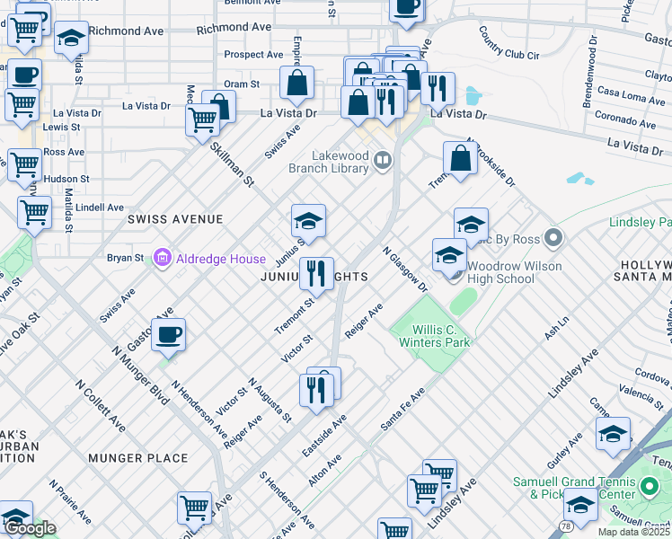 map of restaurants, bars, coffee shops, grocery stores, and more near 5825 Tremont Street in Dallas