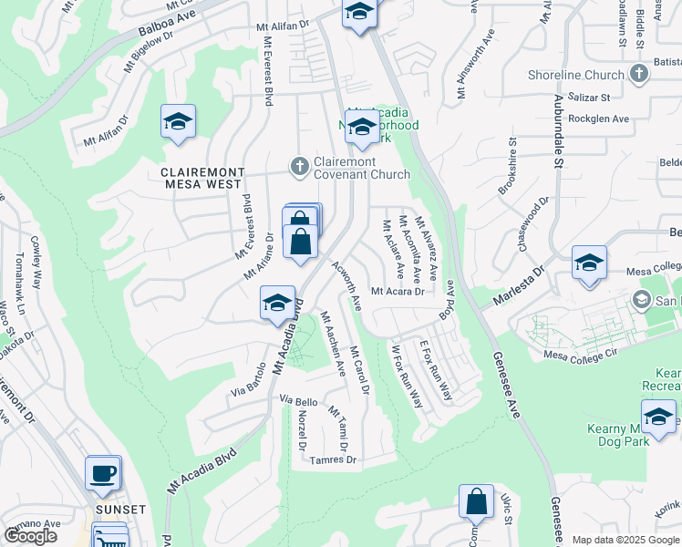 map of restaurants, bars, coffee shops, grocery stores, and more near 3540 Acworth Avenue in San Diego