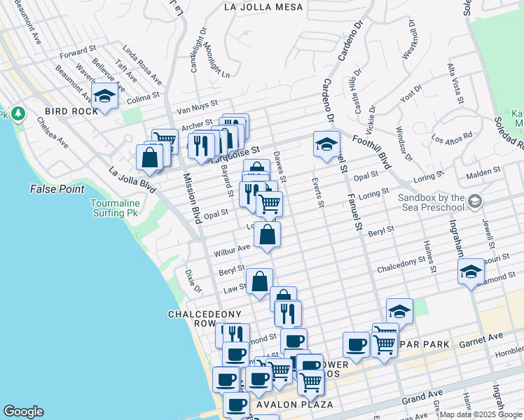 map of restaurants, bars, coffee shops, grocery stores, and more near 5025 Cass Street in San Diego