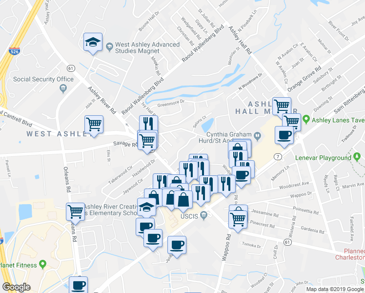 map of restaurants, bars, coffee shops, grocery stores, and more near 1725 Savage Road in Charleston