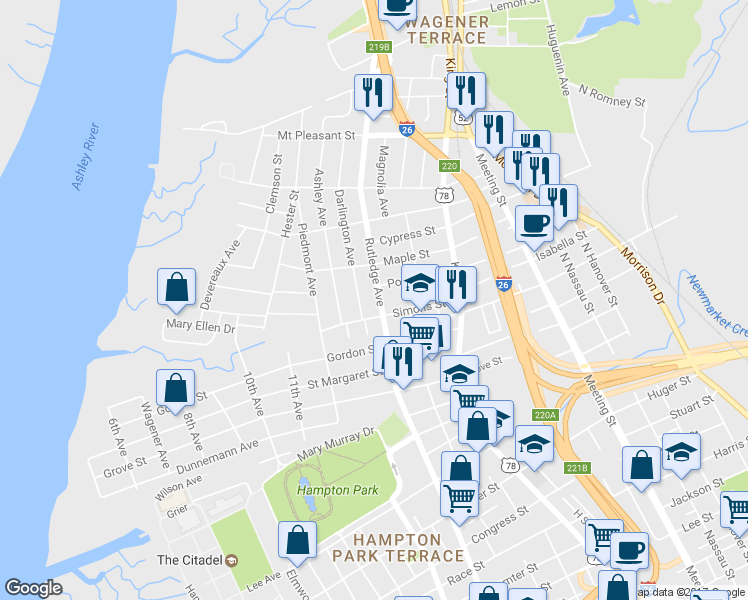 map of restaurants, bars, coffee shops, grocery stores, and more near 815 Rutledge Avenue in Charleston