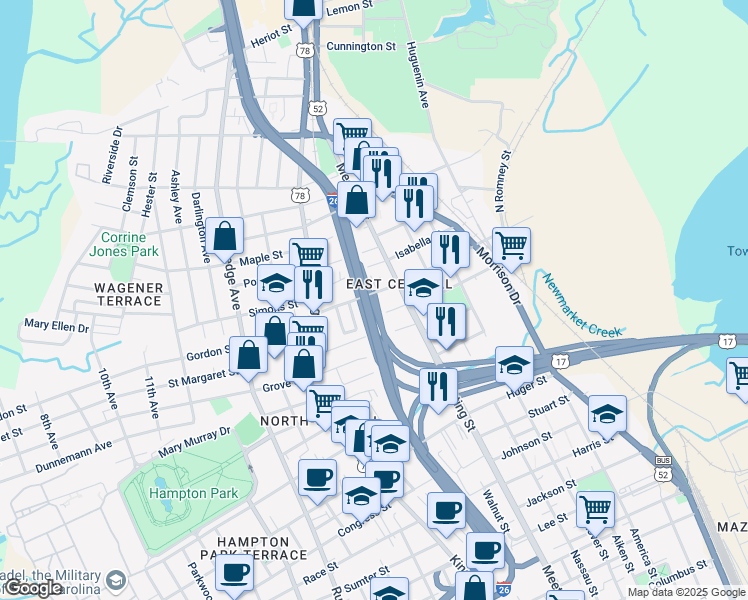 map of restaurants, bars, coffee shops, grocery stores, and more near 99 Romney Street in Charleston