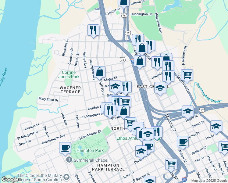 map of restaurants, bars, coffee shops, grocery stores, and more near 7 South Enston Avenue in Charleston