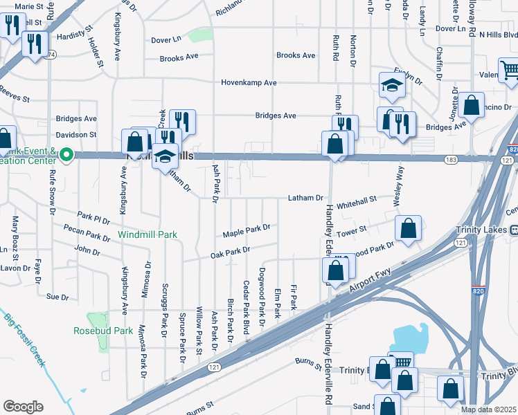 map of restaurants, bars, coffee shops, grocery stores, and more near 3113 Dogwood Park Drive in Richland Hills