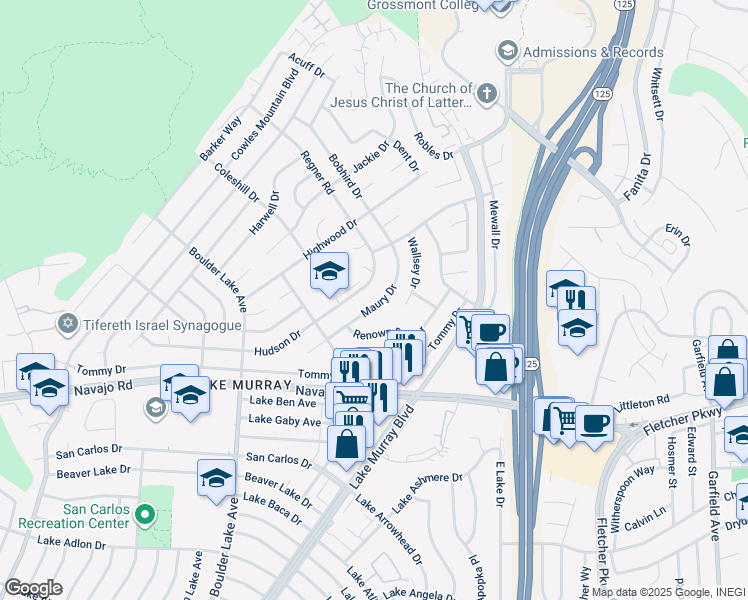 map of restaurants, bars, coffee shops, grocery stores, and more near 6802 Maury Drive in San Diego