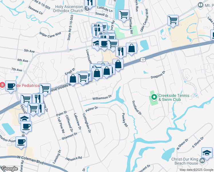 map of restaurants, bars, coffee shops, grocery stores, and more near 910 Beresford Court in Mount Pleasant
