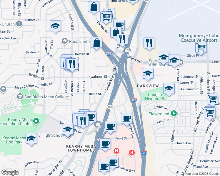map of restaurants, bars, coffee shops, grocery stores, and more near 8011 Linda Vista Road in San Diego