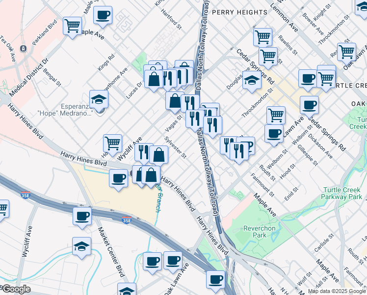 map of restaurants, bars, coffee shops, grocery stores, and more near 2411 Knight Street in Dallas