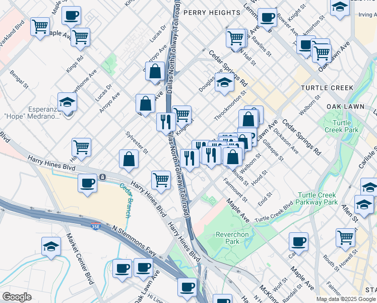 map of restaurants, bars, coffee shops, grocery stores, and more near 4020 Maple Avenue in Dallas