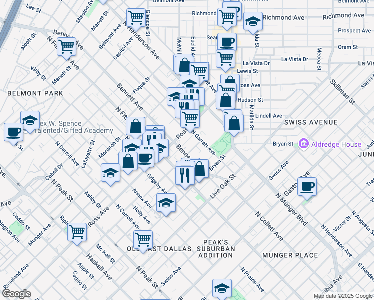 map of restaurants, bars, coffee shops, grocery stores, and more near 5005 San Jacinto Street in Dallas