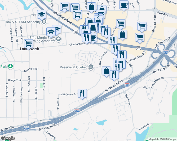 map of restaurants, bars, coffee shops, grocery stores, and more near 6655 Calgary Lane in Fort Worth