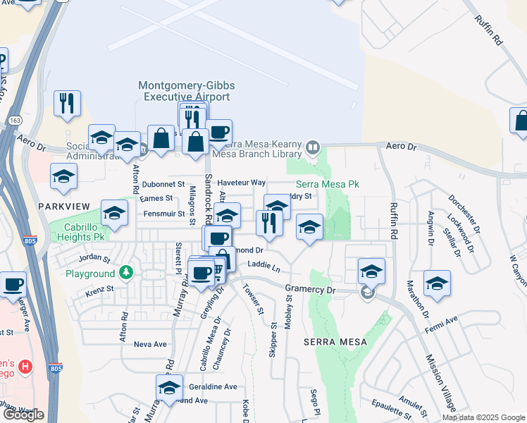 map of restaurants, bars, coffee shops, grocery stores, and more near 3496 Ediwhar Avenue in San Diego