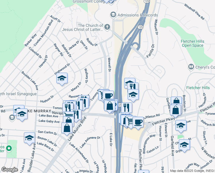 map of restaurants, bars, coffee shops, grocery stores, and more near 6814 Mewall Drive in San Diego