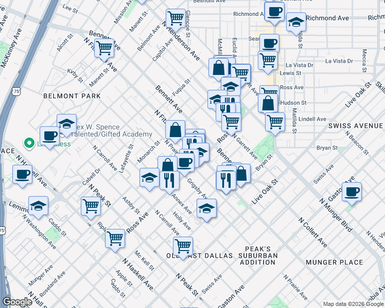 map of restaurants, bars, coffee shops, grocery stores, and more near 1719 North Fitzhugh Avenue in Dallas