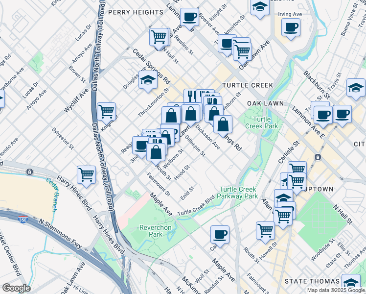 map of restaurants, bars, coffee shops, grocery stores, and more near 2807 Welborn Street in Dallas
