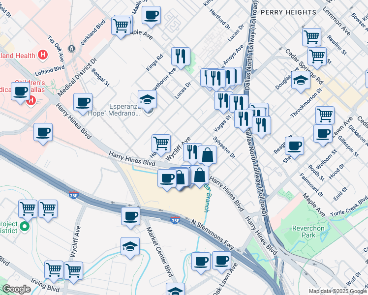 map of restaurants, bars, coffee shops, grocery stores, and more near 2238 Wycliff Avenue in Dallas