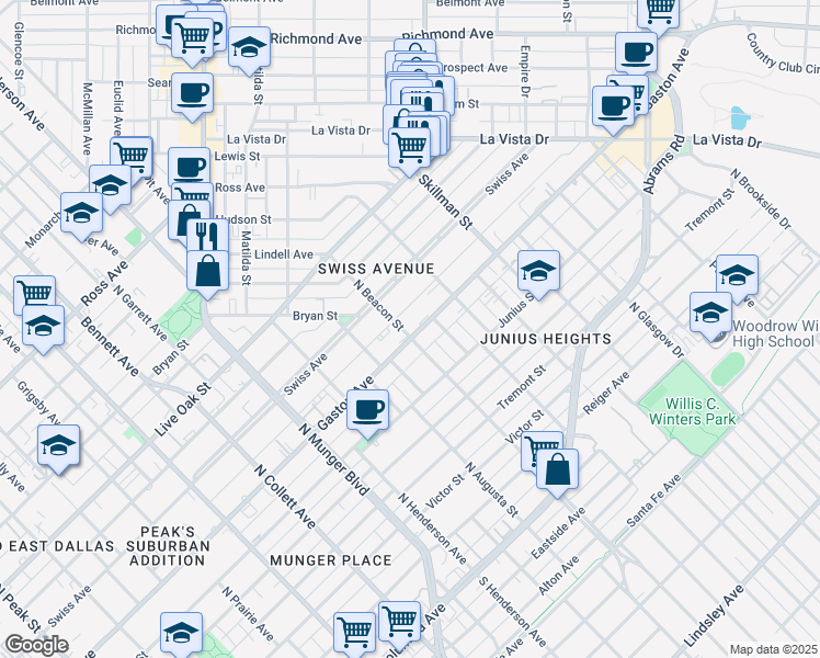 map of restaurants, bars, coffee shops, grocery stores, and more near 5597 Gaston Avenue in Dallas