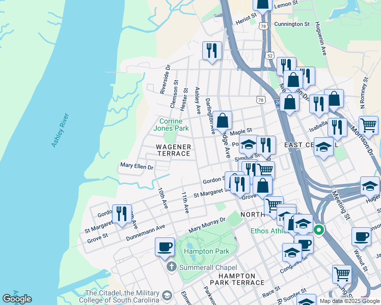 map of restaurants, bars, coffee shops, grocery stores, and more near 183 West Poplar Street in Charleston