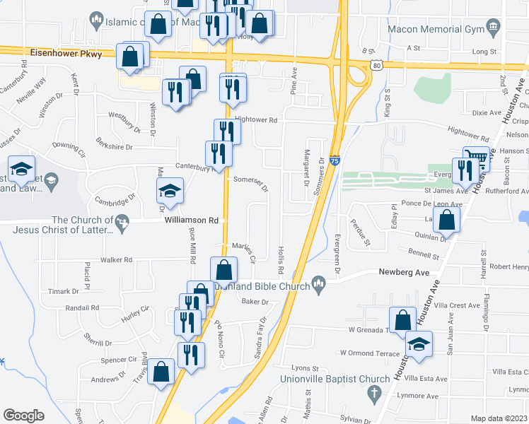 map of restaurants, bars, coffee shops, grocery stores, and more near 3117 Somerset Drive in Macon