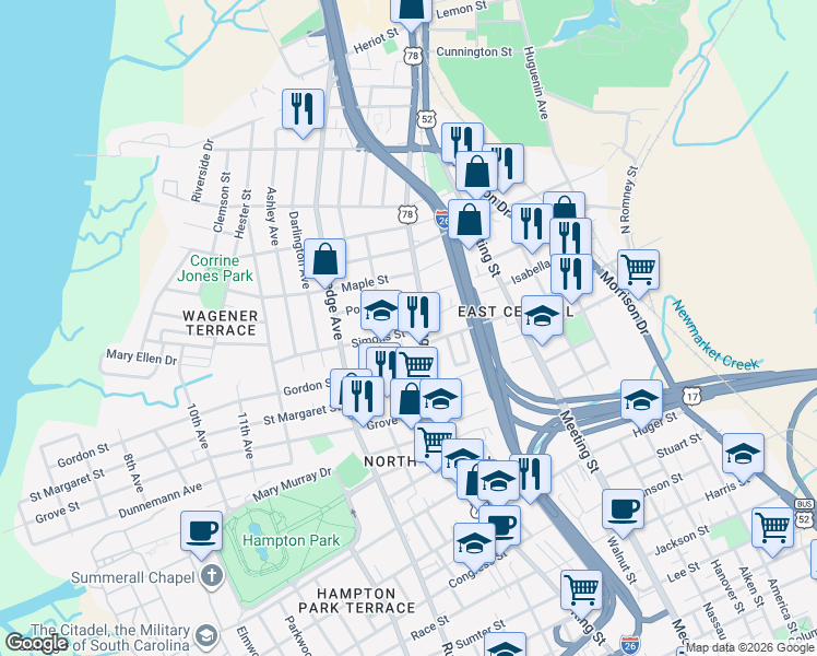 map of restaurants, bars, coffee shops, grocery stores, and more near 48 Simons Street in Charleston