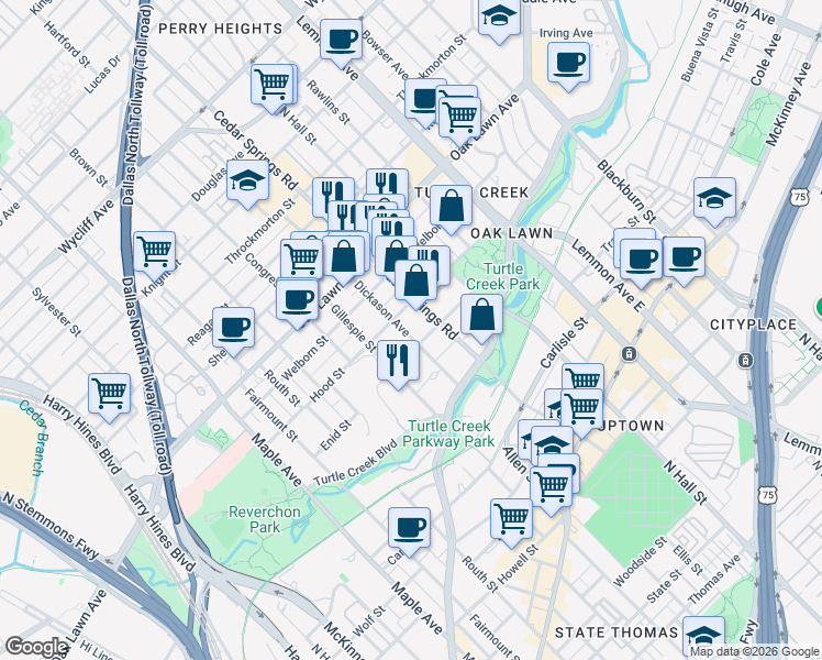 map of restaurants, bars, coffee shops, grocery stores, and more near 3512 Dickason Avenue in Dallas