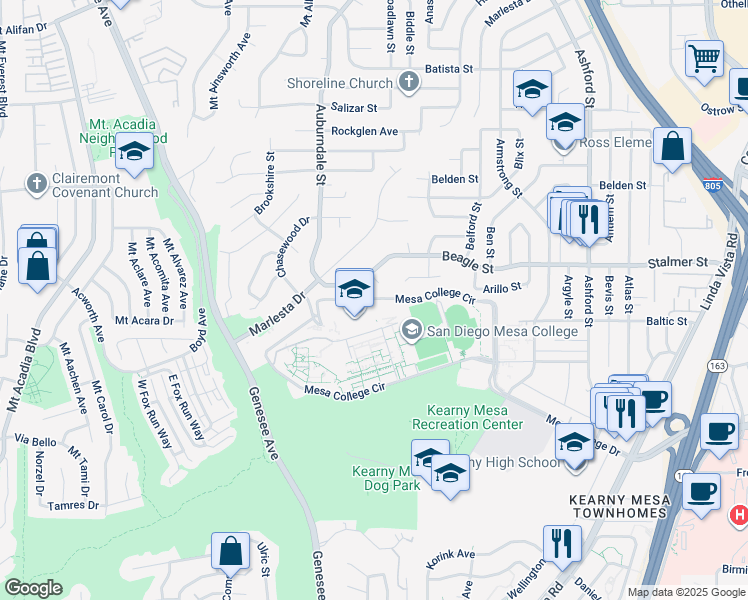 map of restaurants, bars, coffee shops, grocery stores, and more near 6967 Beagle Street in San Diego