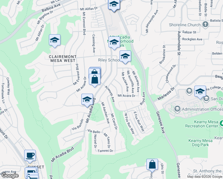 map of restaurants, bars, coffee shops, grocery stores, and more near 3540 Acworth Avenue in San Diego
