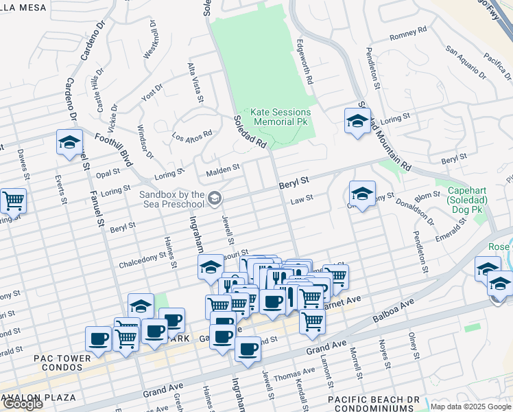 map of restaurants, bars, coffee shops, grocery stores, and more near 1814 Law Street in San Diego