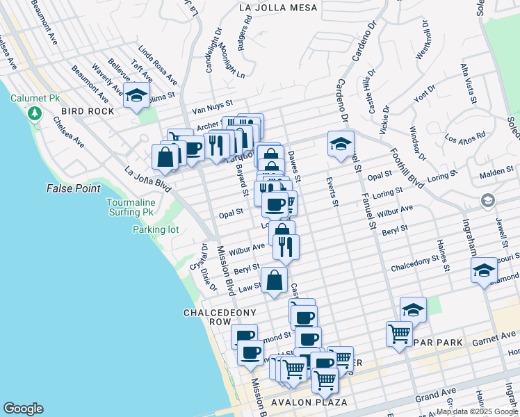 map of restaurants, bars, coffee shops, grocery stores, and more near 5026 Cass Street in San Diego