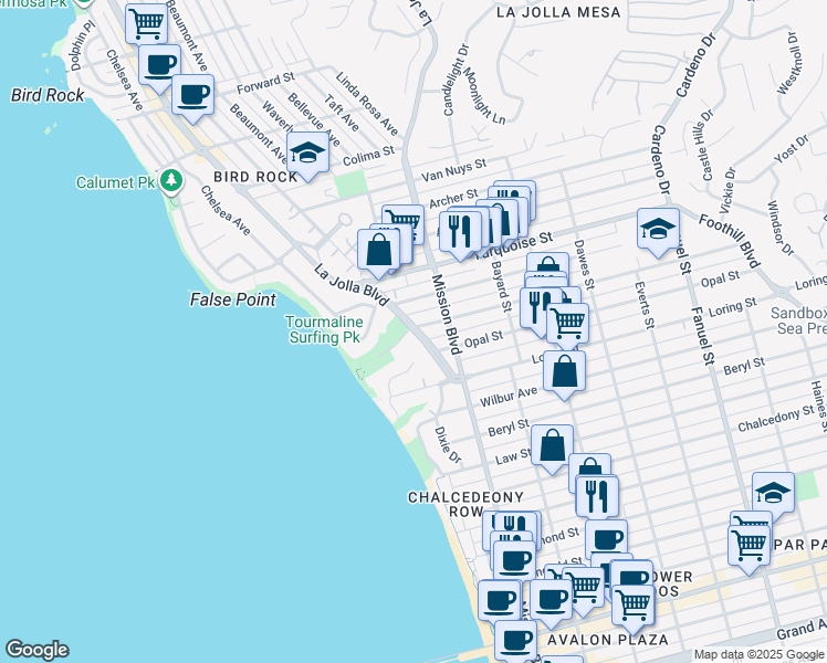 map of restaurants, bars, coffee shops, grocery stores, and more near 5055 Tourmaline Street in San Diego