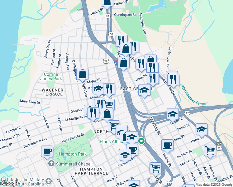 map of restaurants, bars, coffee shops, grocery stores, and more near 130 Romney Street in Charleston