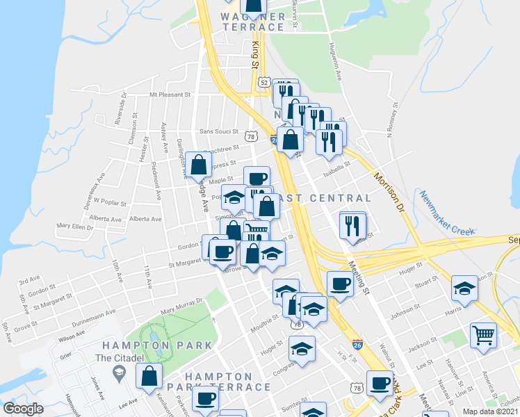 map of restaurants, bars, coffee shops, grocery stores, and more near 48 Simons Street in Charleston