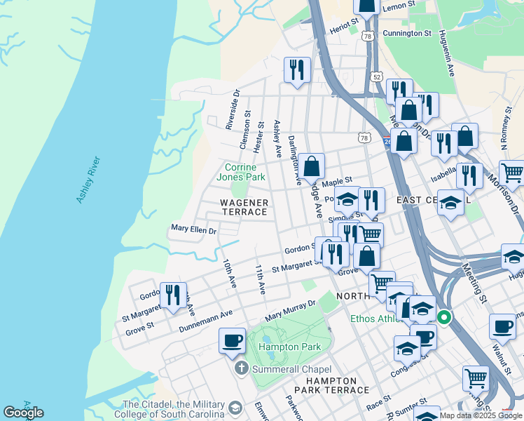 map of restaurants, bars, coffee shops, grocery stores, and more near 183 West Poplar Street in Charleston