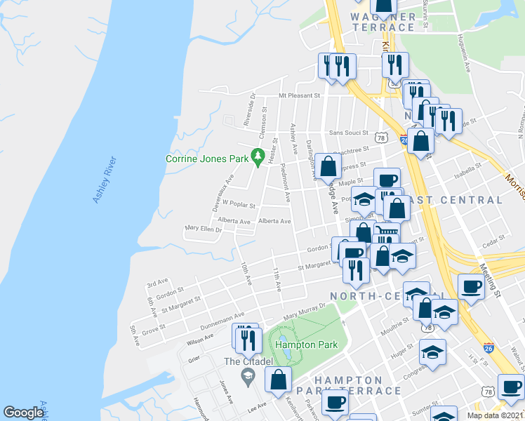 map of restaurants, bars, coffee shops, grocery stores, and more near in Charleston