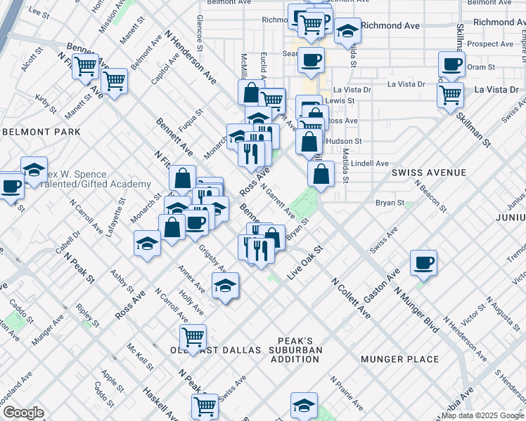 map of restaurants, bars, coffee shops, grocery stores, and more near 5005 San Jacinto Street in Dallas